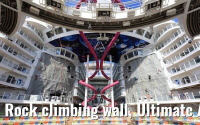 Rock climbing wall, Ultimate Abyss and Aqua Theater view Symphony of the Seas