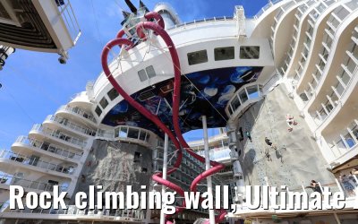 Rock climbing wall, Ultimate Abyss and Aqua Theater view Symphony of the Seas