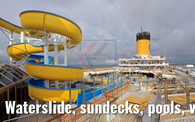 Waterslide, sundecks, pools, view from Deck 11 Costa Magica