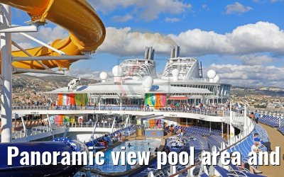 Panoramic view pool area and waterslides Symphony of the Seas