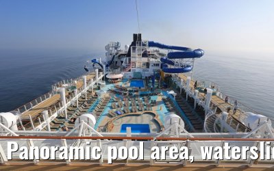 Panoramic pool area, waterslides and sun deck view Norwegian Bliss