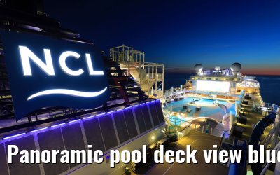 Panoramic pool deck view blue hour Norwegian Bliss
