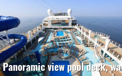 Panoramic view pool deck, waterslides and sun decks Norwegian Bliss