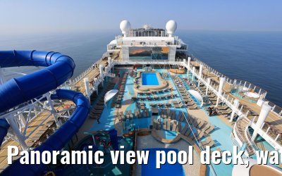 Panoramic view pool deck, waterslides and sun decks Norwegian Bliss