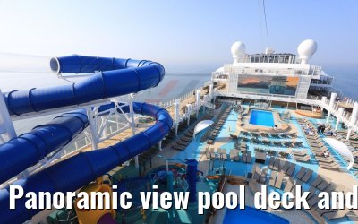 Panoramic view pool deck and Aqua Racer Norwegian Bliss