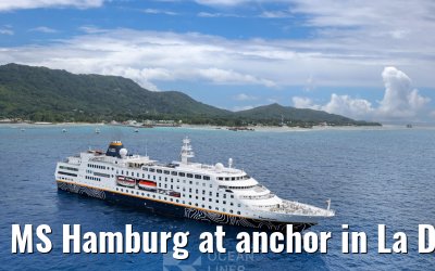MS Hamburg at anchor in La Digue, Seychelles 24.02.2026