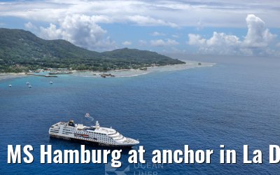MS Hamburg at anchor in La Digue, Seychelles 24.02.2026
