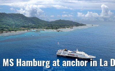 MS Hamburg at anchor in La Digue, Seychelles 24.02.2026