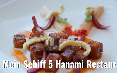 Mein Schiff 5 Hanami Restaurant by Tim Raue Hauptspeise Schwein süss-sauer mit Five Spice, Ananas, Zwiebel und Paprika Mein Schiff 5 Hanami Restaurant by Tim Raue Hauptspeise Schwein süss-sauer mit Five Spice, Ananas, Zwiebel und Paprika