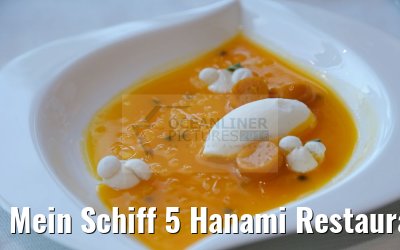 Mein Schiff 5 Hanami Restaurant by Tim Raue Nachspeise Mangosüppchen mit Vanilleeis und Passionsfrucht Mein Schiff 5 Hanami Restaurant by Tim Raue Nachspeise Mangosüppchen mit Vanilleeis und Passionsfrucht