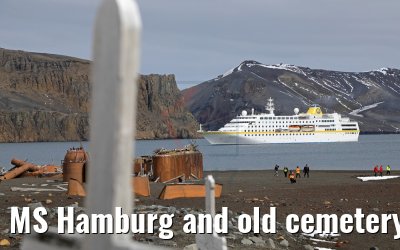 MS Hamburg and old cemetery, Whalers Bay, Deception Island, Antarctica 07.01.2017 MS Hamburg and old cemetery, Whalers Bay, Deception Island, Antarctica 07.01.2017
