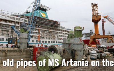 old pipes of MS Artania on the shipyard