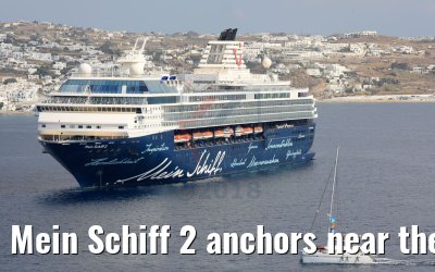 Mein Schiff 2 anchors near the port of Mykonos 26.07.2018