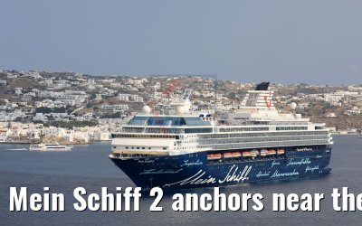 Mein Schiff 2 anchors near the port of Mykonos 26.07.2018
