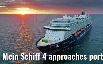 Mein Schiff 4 approaches port of Warnemünde 23.04.2021