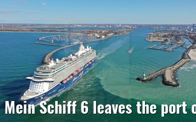 Mein Schiff 6 leaves the port of Warnemünde 23.04.2021