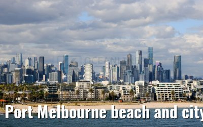 Port Melbourne beach and city skyline 09.03.2023