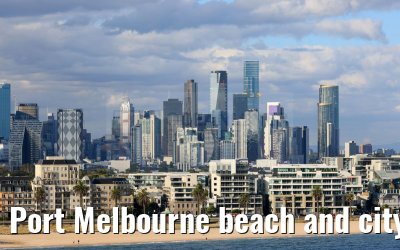 Port Melbourne beach and city skyline 09.03.2023