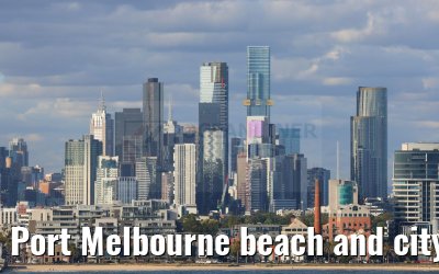 Port Melbourne beach and city skyline 09.03.2023