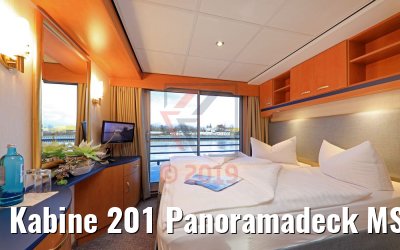 Kabine 201 Panoramadeck MS Sans Souci nach Renovierung mit Spots, Bett Doppel