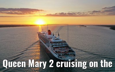 Queen Mary 2 cruising on the Elbe river at sunset 21.06.2019