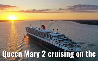 Queen Mary 2 cruising on the Elbe river at sunset 21.06.2019
