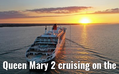 Queen Mary 2 cruising on the Elbe river at sunset 21.06.2019