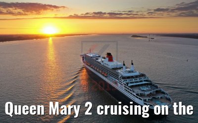 Queen Mary 2 cruising on the Elbe river at sunset 21.06.2019
