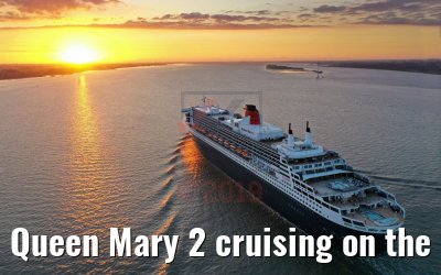 Queen Mary 2 cruising on the Elbe river at sunset 21.06.2019