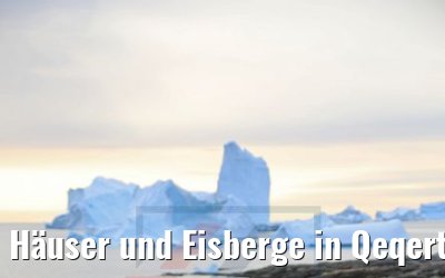 Häuser und Eisberge in Qeqertarsuaq, Grönland