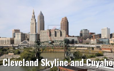 Cleveland Skyline and Cuyahoga river with old bridge 05.10.2019