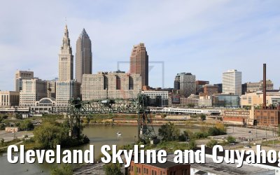 Cleveland Skyline and Cuyahoga river with old bridge 05.10.2019