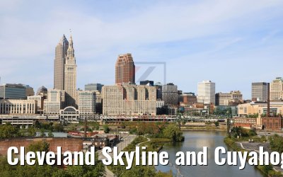 Cleveland Skyline and Cuyahoga river with old bridge 05.10.2019