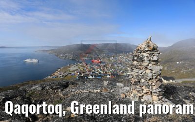 Qaqortoq, Greenland panoramic view and MS Hamburg
