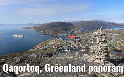 Qaqortoq, Greenland panoramic view and MS Hamburg