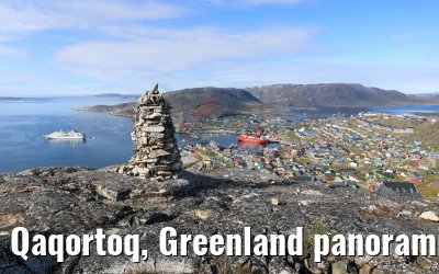 Qaqortoq, Greenland panoramic view and MS Hamburg