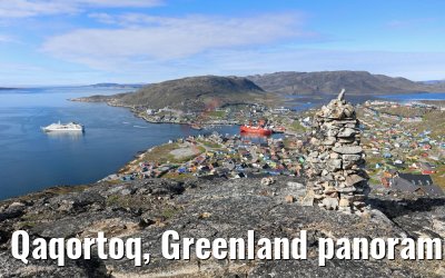 Qaqortoq, Greenland panoramic view and MS Hamburg