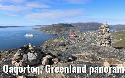 Qaqortoq, Greenland panoramic view and MS Hamburg
