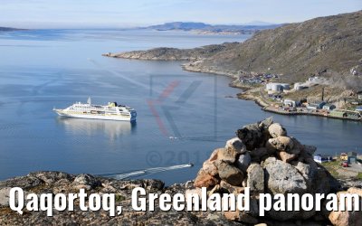 Qaqortoq, Greenland panoramic view and MS Hamburg