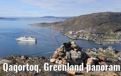 Qaqortoq, Greenland panoramic view and MS Hamburg