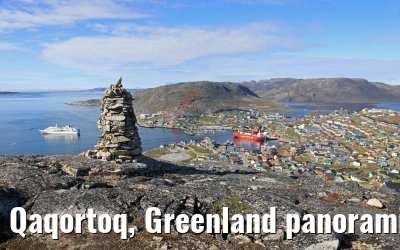 Qaqortoq, Greenland panoramic view and MS Hamburg