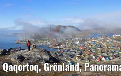 Qaqortoq, Grönland, Panoramablick im Nebel
