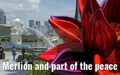 Merlion and part of the peace flower by artist Ana Tzarev in Singapore